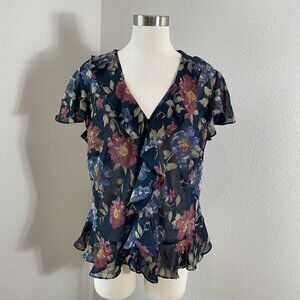 Chaps Womens Plus 1X Floral Ruffle Blouse Sheer Lightweight Short Sleeve Shirt